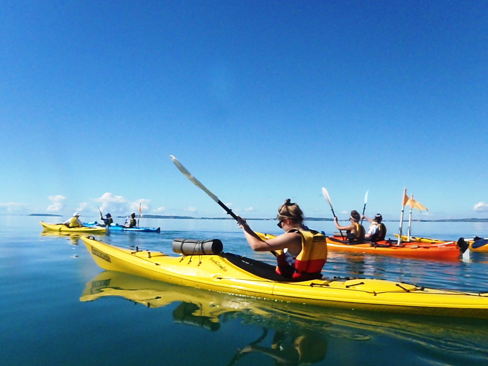 Group of sea kayakers enjoy the pristine calm water